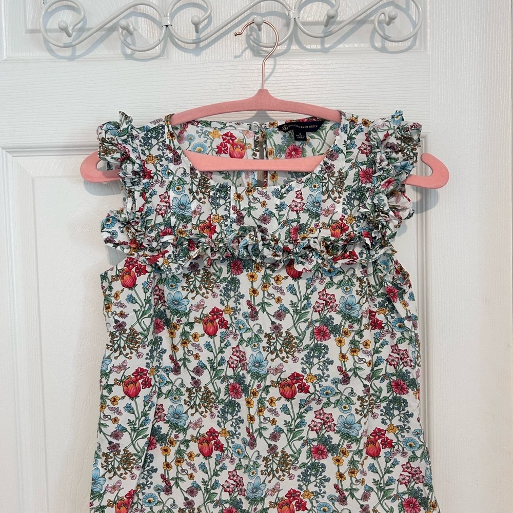 Brooks Brothers White Floral Ruffle Sleeveless wRed, Blue & Green Top Size XS